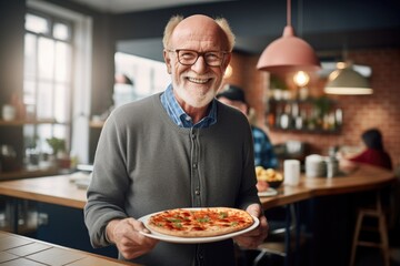senior old man happy expression  and pizza concept . 