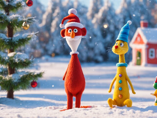 Magical Christmas creatures in the snow with Christmas tree on Christmas Eve, Christmas spirit, holiday