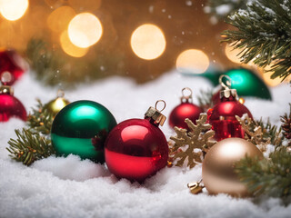 Fototapeta na wymiar Christmas decorations in the snow, Christmas Eve, Christmas spirit, holiday, Christmas tree