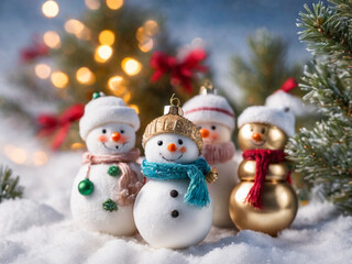 Fototapeta premium Christmas snowmen in the snow, Christmas decorations, Christmas Eve, Christmas spirit, holiday, Christmas tree