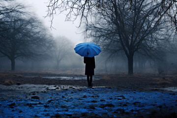 Blue monday concept. Young girl with blue umbrella depressed in the rain