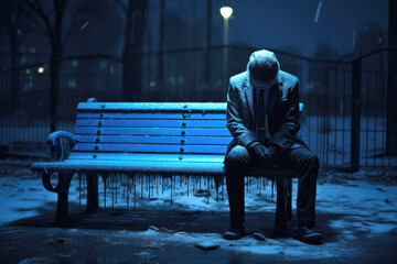 Blue monday concept. Depressed man in suit sitting alone on a bench in the middle of winter - Powered by Adobe