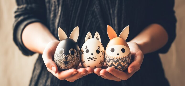 hands holding funny bunny faces easter eggs