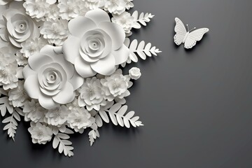 Composition of white paper flowers with butterfly on gray background. Generative AI