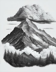 mountains, trees with clouds engraving style illustration