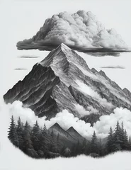 Wandcirkels tuinposter mountains, trees with clouds engraving style illustration © dian