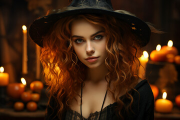 Fototapeta premium Generative AI picture of beautiful girl wearing creepy witch costume hat celebrating happy halloween day