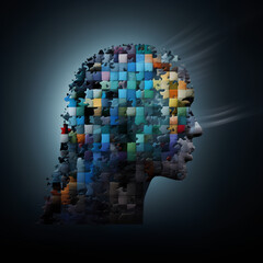 Anxiety, despair and depression idea with shattered woman head. Puzzle of differently colored particles as used to convey the shattered mental condition and disorder in thouts and emotions