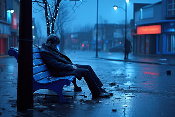 Blue monday concept. Depressed and sad young man sitting on a bench alone.