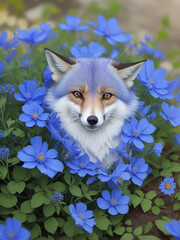 A very beautiful photo of blue fox with flower Generative AI