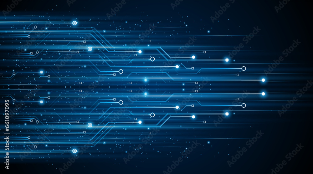 Poster Blue glowing lines with glitter light effect on dark background. High speed internet technology concept or fast wireless data transmission. modern internet network connection technology background	