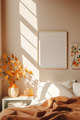 minimalist Scandinavian interior bedroom daylight frame canvas mock up in a curated cozy room setting, bohemian boho style with natural light and shadows editorial film look magazine home