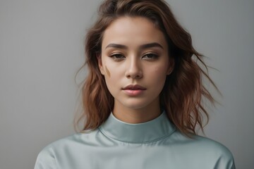 Fototapeta premium portrait of a woman - Serious Young Woman with Attractive Long Brown Hair in a Close-up Portrait on Gray Background