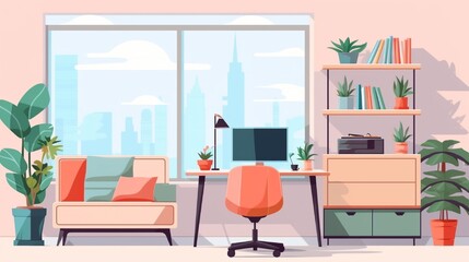 Design of a cozy room for working from home. Office with computer, workplace room, cabinet. Modern living room interior with furniture and house plants. Vector flat style illustration.