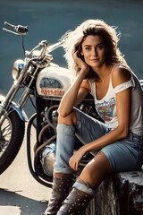 Fototapeta na wymiar 26 year old smiling beautiful woman hot model sitting on a wall motorcycle caferacer on the right side dressed in an overall deep vneck full body totale photorealistic outstanding cinematography 