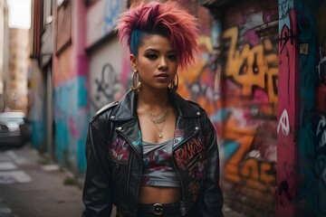 Fototapeta premium Confident young woman stands in city alley, expressing cool attitude., woman in the street, Graffiti art Backdrop
