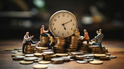 Clock and pile of money on wooden table with overworked businessman The concept of overtime and life balance - obrazy, fototapety, plakaty