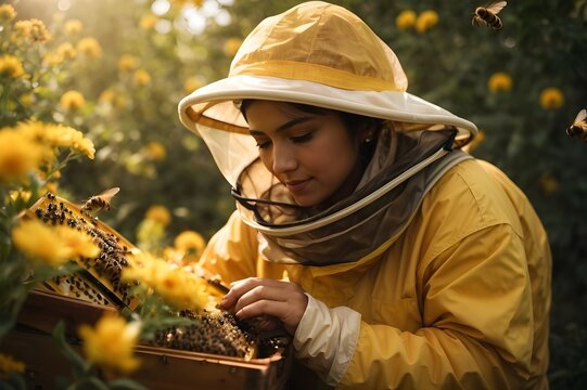A young Beekeeper looking for bees in a safe bee kit -  Yellow flower blossom in autumn landscape; person harvesting on farm.