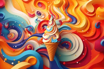 Colorful ice cream in waffle cone on colorful background. Abstract background of Ice Cream Day