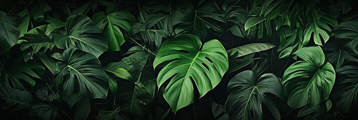 banner dark Bali style template green background, exotic tropical wall with green leaves , abstract dark floral pattern green lianas interweavings, monstera. - obrazy, fototapety, plakaty