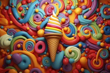 Obraz premium Ice cream cone with colorful swirls background. Abstract background of Ice Cream Day
