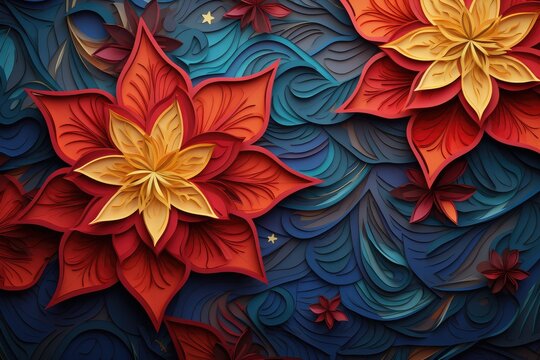 Abstract floral background with poinsettia in blue and red colors. Abstract background for Poinsettia Day