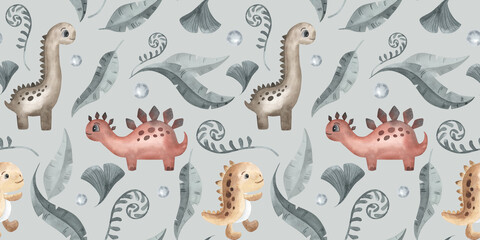 Cute little cartoon watercolor seamless pattern dinosaur - hand drawn illustration. Isolated on white. Nice character, leaves, texture. Sticker, textile, nursery design. © Elena