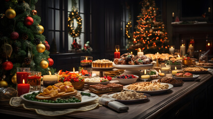 Naklejka premium Festive Christmas Dinner Table with Delicious Dishes and New Year's Decor