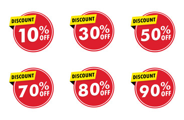 Discounts numbers percent sign in red and white colors isolated on white background, from 10% to 90% discounts. discount circle design