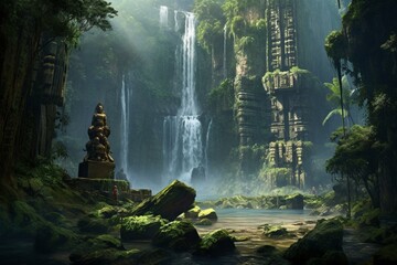 Enormous ancient protectors by waterfall and river in lush rainforest. Generative AI - obrazy, fototapety, plakaty