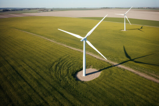 AI generative image of high angle view to the wind turbines farm in the meadow
