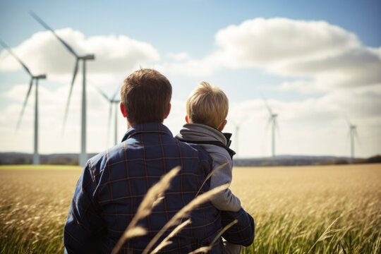 AI generative image back view of father and his son looking to the wind turbines in a steppe with Alternative energy concept