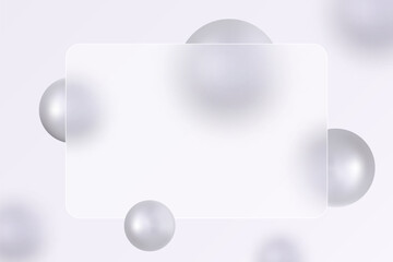 Horizontal banner with glass overlay effect with 3D balls in glass morphism style.