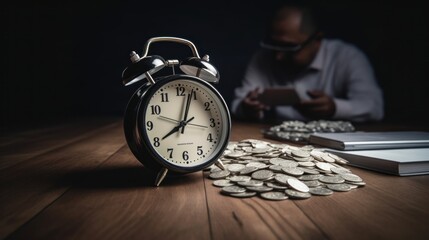 Clock and pile of money on wooden table with overworked businessman The concept of overtime and life balance