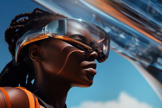 Generative AI image of black woman in vr glasses looking away