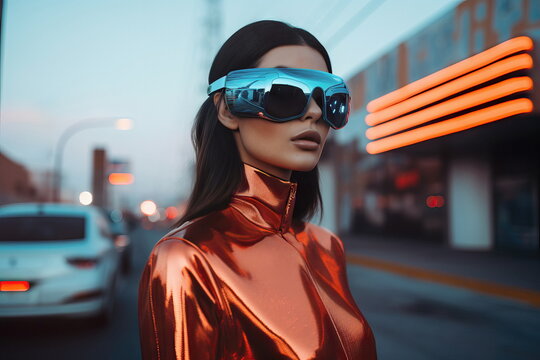 Generative AI image of stylish woman in virtual reality glasses on street