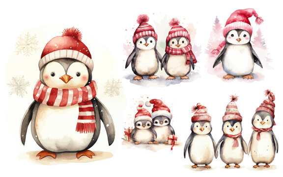 penguins and christmas winter Cherry Red and Soft Beige watercolor vectors