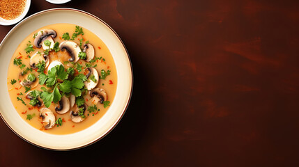 Mushroom soup with kidney bean potato and carrot top view, with empty copy space on brown surface
