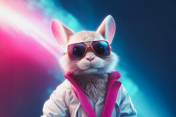 Generative AI illustration of stylish white cat in trendy sunglasses and outfit looking at camera against two colored background