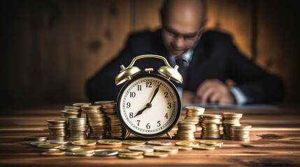 Clock and pile of money on wooden table with overworked businessman The concept of overtime and life balance