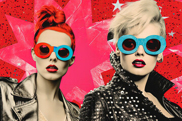 Generative AI illustration of abstract contemporary art paper collage of punk women looking away and wearing eyeglasses against multicolored background