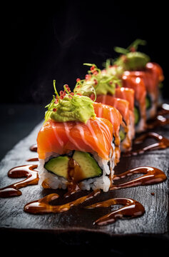 Generative AI illustration of delicious fresh sushi rolls with salmon and avocado and rice served with sauce on dark tray against black surface