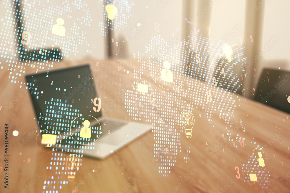 Poster double exposure of social network icons concept with world map and computer on background. networkin