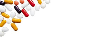 Set of coloured pills and capsules on a transparent background.