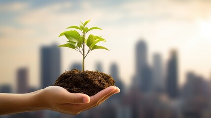 Conceptual image of a person's hand holding a small sapling.