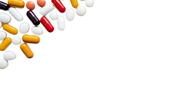 Set of coloured pills and capsules on a transparent background.