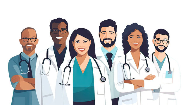 Team portrait of doctors and nurses of different ethnicities.