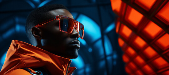 portrait of a fashionable black man wearing orange sunglasses in a futuristic setting  - obrazy, fototapety, plakaty