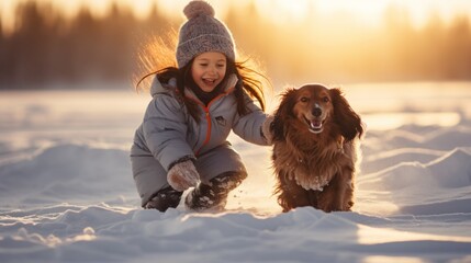 Girl playing with dog in the snow during Christmas sunset time