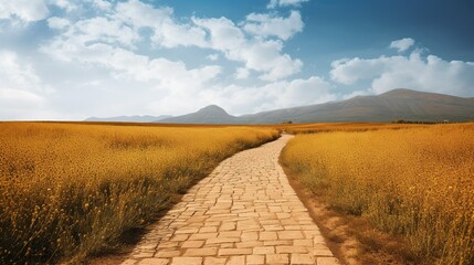 Illustration of yellow brick road through green meadows, fantasy outdoor background.